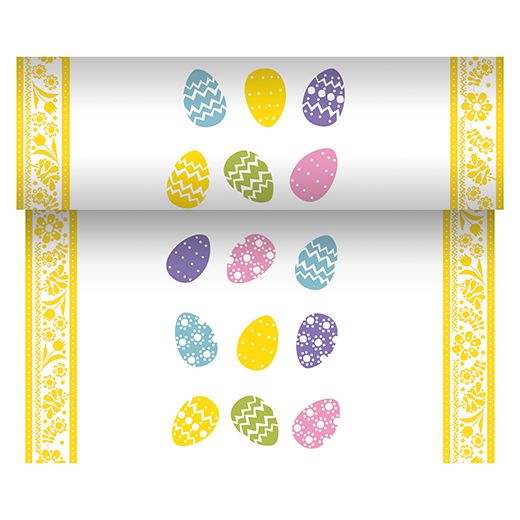 Chemin de table, aspect textile, Airlaid 24 m x 40 cm "Coloured Eggs" 1