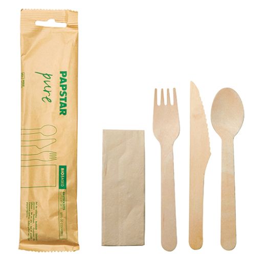 Set de couverts, bois "pure" : fourchette, couteau, cuillère, serviette en emballage papier 1