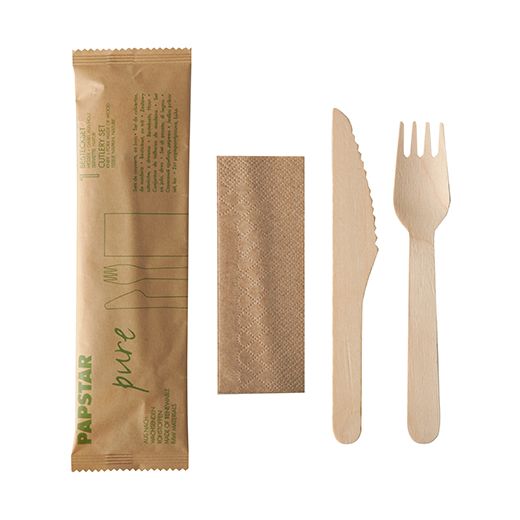Set de couverts en bois "pur", couteau, fourchette, serviette en papier 1