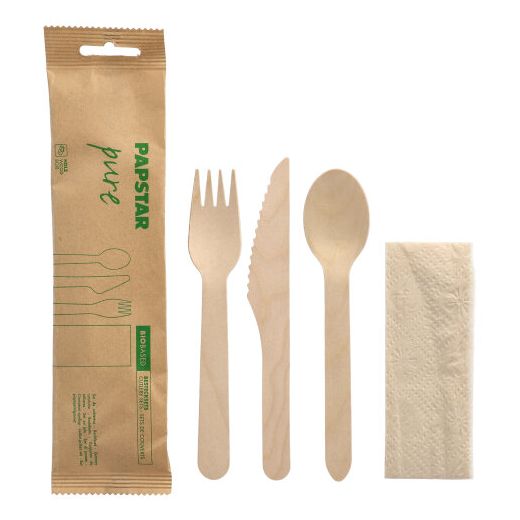 Sets de couverts, bois "pure" naturel : fourchette, couteau, cuillère, serviette en emballage papier 1
