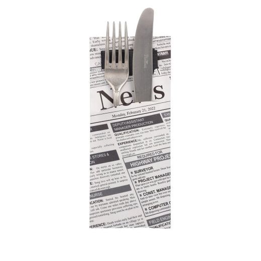 Pochettes à couverts "Newsprint" 20 cm x 8,5 cm inclu. serviettes noires 33 x 33 cm 2-couches 1