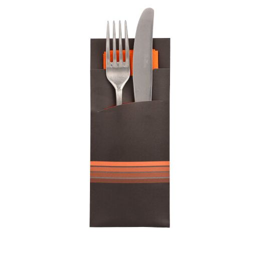 Pochettes à couverts 20 cm x 8,5 cm noir/orange "Stripes" serviette couleur incluse 33 x 33 cm, 2-épaisseurs 1