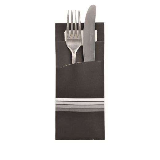 Pochettes à couverts 20 cm x 8,5 cm noir/blanc "Stripes" serviette couleur incluse 33 x 33 cm, 2-plis 1