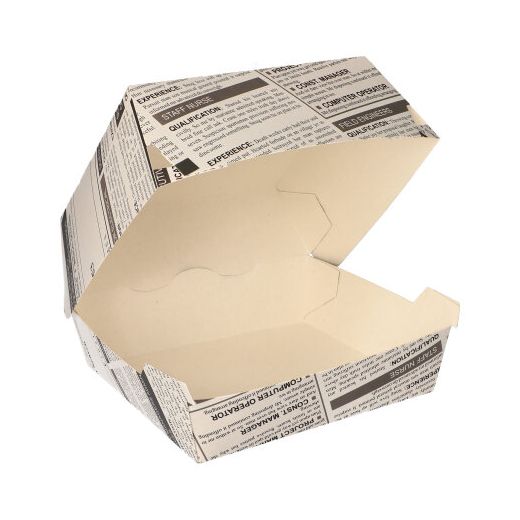 Boites hamburger en carton fibres vierges 7 cm x 12,5 cm x 12,5 cm "Newsprint" grand 1