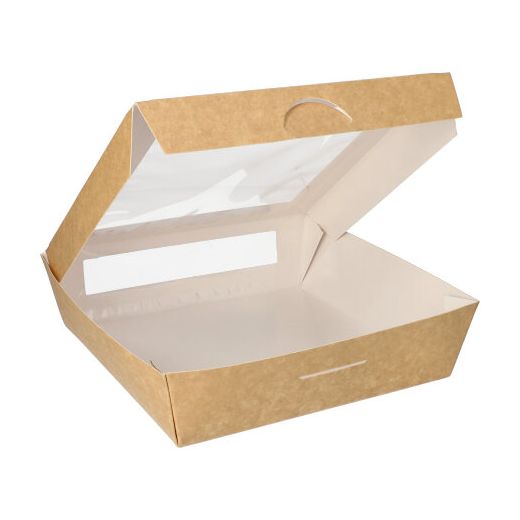 Boîtes alimentaires, en carton, avec fenêtre transparente en PLA rectangulaire 1500 ml 19 cm x 19 cm x 5 cm marron 1