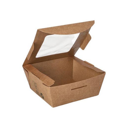 Boîtes alimentaires, en carton, avec fenêtre transparente en PLA "pure" rectangulaire 350 ml 4,5 cm x 11 cm x11 cm marron "100% Fair" 1