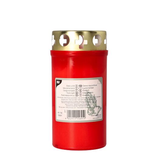 Bougie cimetière avec couvercle doré Ø 6,4 cm · 12,5 cm enveloppe rouge 1