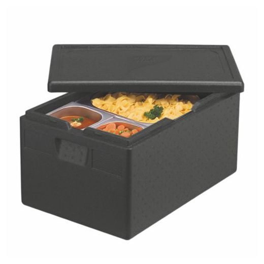 Boîtes isothermes de transport en P.P.E. 60 cm x 40 cm x 28 cm noir norme gastronomique 1/1 1