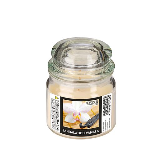 "Flavour by GALA" Bougie en bonbonnière à verre, MAXI Ø 90 mm · 120 mm ivoire - Sandalwood-Vanilla 1