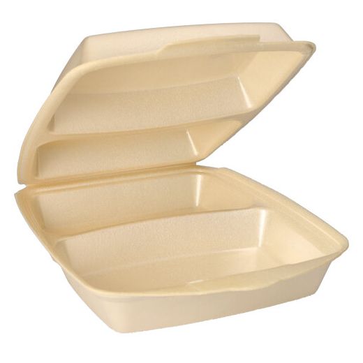 Boîtes pour repas avec couvercle-charnière incorporé en P.S.E. 2 compartiments 22 cm x 28,5 cm beige, laminé 1