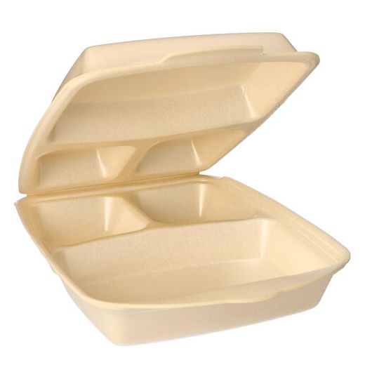 Boîtes pour repas avec couvercle-charnière incorporé en P.S.E. 3 compartiments 22 cm x 28,5 cm beige laminé 1