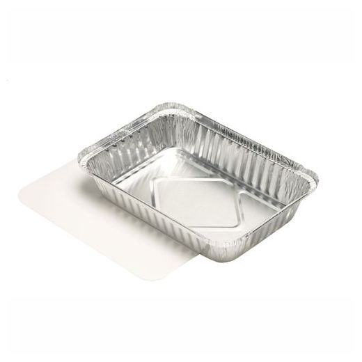 Barquettes aluminium avec couvercle en carton laminé, PE rectangulaire 0,8  l 4 cm x 15 cm x 21,4 cm