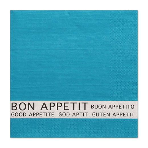 Serviettes, 3 plis pliage 1/4 33 cm x 33 cm turquoise "Bon Appetit" 1