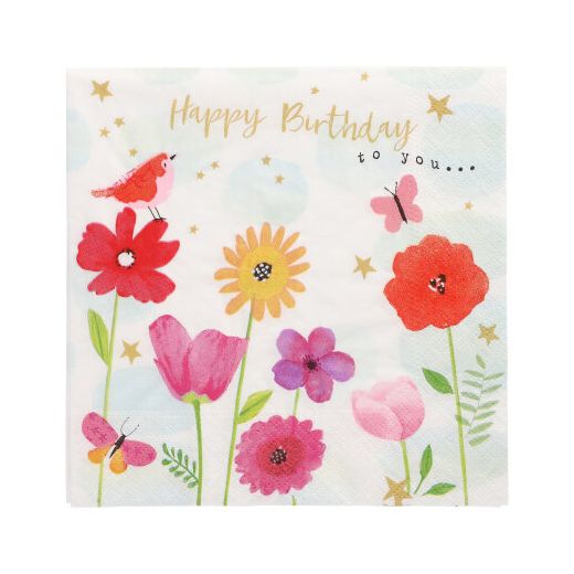 Serviettes, 3 plis pliage 1/4 33 cm x 33 cm "Birthday Flowers" 1
