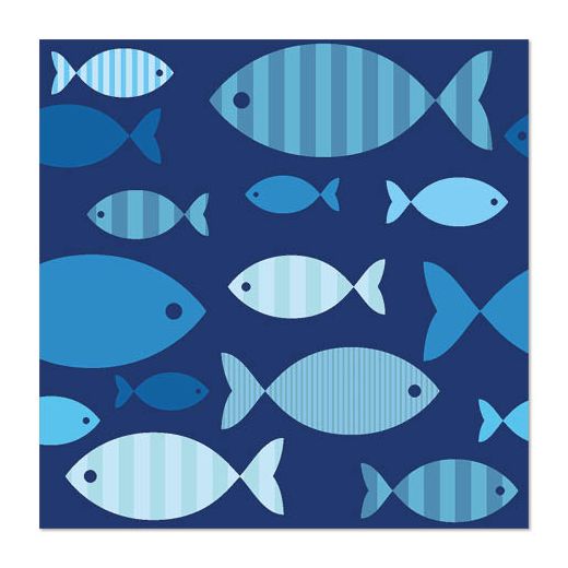 Serviettes, 3 couches pliage 1/4 33 cm x 33 cm "Blue Fish" 1