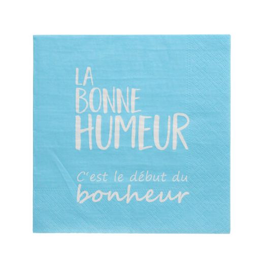 Serviettes, 3 plis pliage 1/4 33 cm x 33 cm bleu "La Bonne Humeur" 1