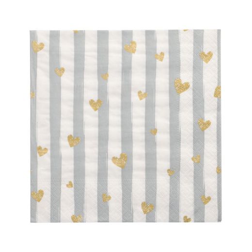 Serviettes, 3 plis pliage 1/4 33 cm x 33 cm gris "Golden Hearts" 1