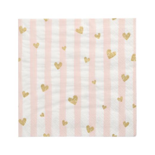Serviettes, 3 plis pliage 1/4 33 cm x 33 cm rose "Golden Hearts" 1