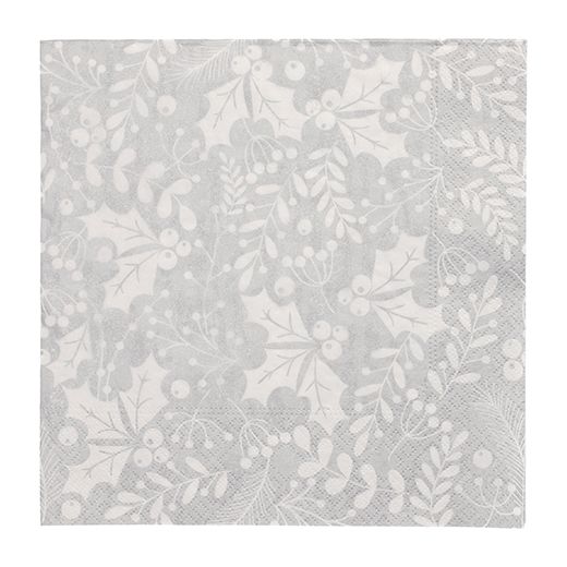 Serviettes, 3 plis pliage 1/4 40 cm x 40 cm argent "Houx et Gui" 1