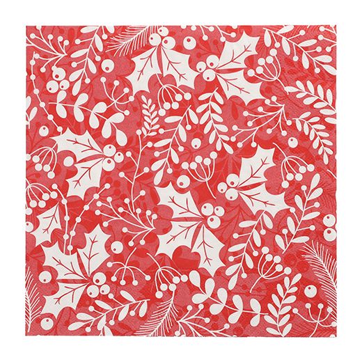 Serviettes, 3 plis pliage 1/4 40 cm x 40 cm rouge "Houx et Gui" 1