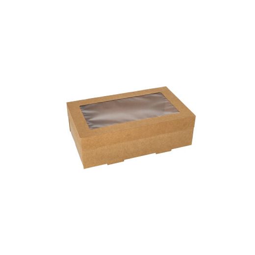 Boites alimentaires à emporter, carton rectangulaire 8 cm x 15,3 cm x 25,5 cm marron avec couvercle séparé et fenêtre transparente en PET 1