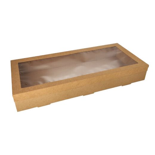 Boites alimentaires à emporter, carton rectangulaire 8 cm x 25,2 cm x 55,8 cm marron avec couvercle séparé et fenêtre transparente en PET 1