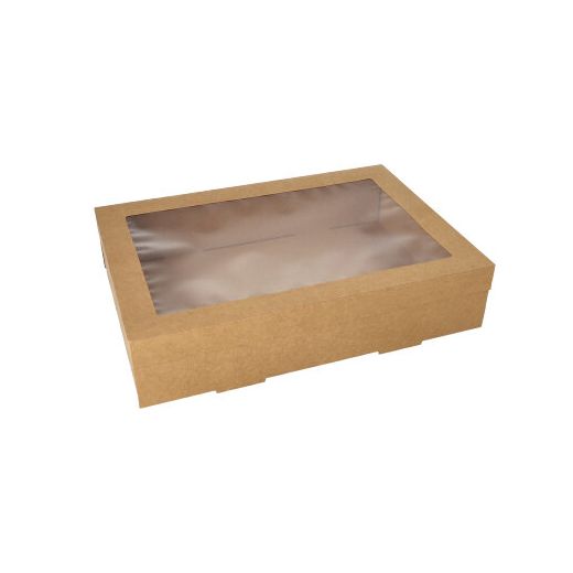 Boites alimentaires à emporter, carton rectangulaire 8 cm x 25,2 cm x 35,9  cm marron avec couvercle séparé et fenêtre transparente en PET