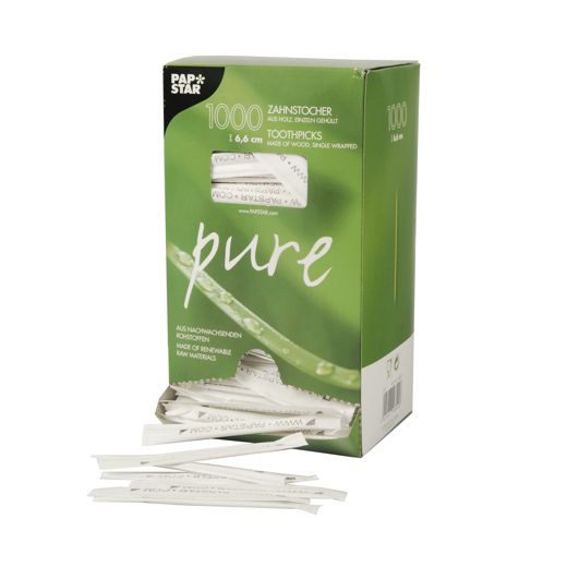 Cure dents, bois emballé "pure" rond 6,5 cm "www.PAPSTAR.com" 1