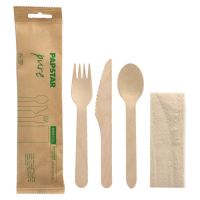 Sets de couverts, bois "pure" naturel : fourchette, couteau, cuillère, serviette en emballage papier