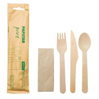 Set de couverts, bois "pure" : fourchette, couteau, cuillère, serviette en emballage papier
