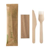 Set de couverts en bois "pur", couteau, fourchette, serviette en papier