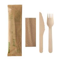 Set de couverts en bois "pur" nature : couteau, fourchette, serviette en sachet papier