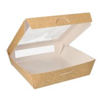 Boîtes alimentaires, en carton, avec fenêtre transparente en PLA rectangulaire 1500 ml 19 cm x 19 cm x 5 cm marron
