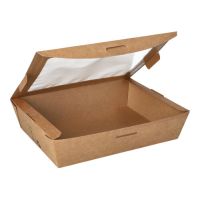 Boîtes alimentaires, en carton, avec fenêtre transparente en PLA "pure" rectangulaire 1000 ml 4,5 cm x 19,5 cm x 15 cm marron "100% Fair"