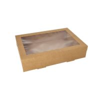 Boites alimentaires à emporter, carton rectangulaire 8 cm x 25,2 cm x 35,9 cm marron avec couvercle séparé et fenêtre transparente en PET