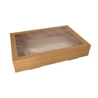 Boites alimentaires à emporter, carton rectangulaire 8 cm x 31 cm x 45 cm marron avec couvercle séparé et fenêtre transparente en PET
