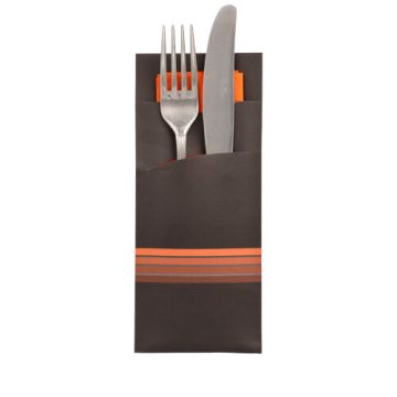 Pochettes à couverts 20 cm x 8,5 cm noir/orange "Stripes" serviette couleur incluse 33 x 33 cm, 2-épaisseurs