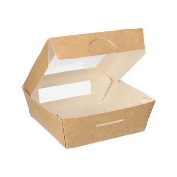 Boîtes alimentaires, en carton, avec fenêtre transparente en PLA rectangulaire 750 ml 14 cm x 14 cm x 5 cm marron