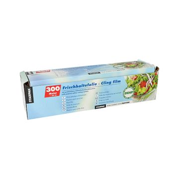 Film plastique alimentaire, PVC 300 m x 30 cm avec système de coupe pratique