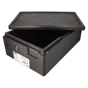 Boîtes isothermes de transport en P.P.E. 60 cm x 40 cm x 23 cm noir norme gastronomique 1/1