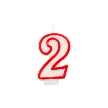 Bougie "chiffre" 7,3 cm blanc "2" avec bord rouge
