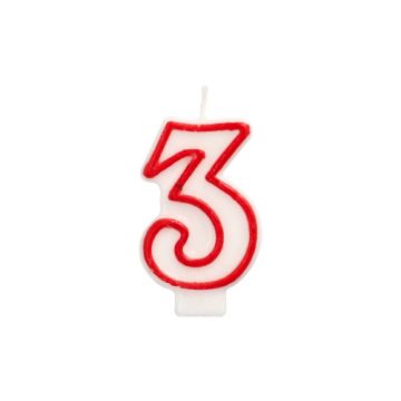 Bougie "chiffre" 7,3 cm blanc "3" avec bord rouge