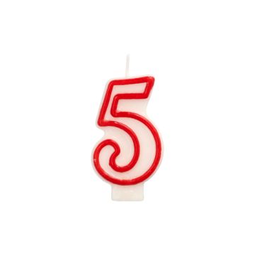 Bougie "chiffre" 7,3 cm blanc "5" avec bord rouge