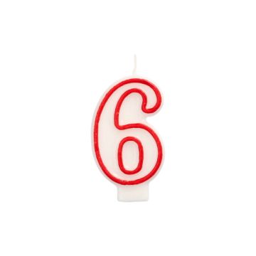 Bougie "chiffre" 7,3 cm blanc "6" avec bord rouge