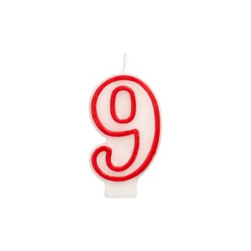 Bougie "chiffre" 7,3 cm blanc "9" avec bord rouge